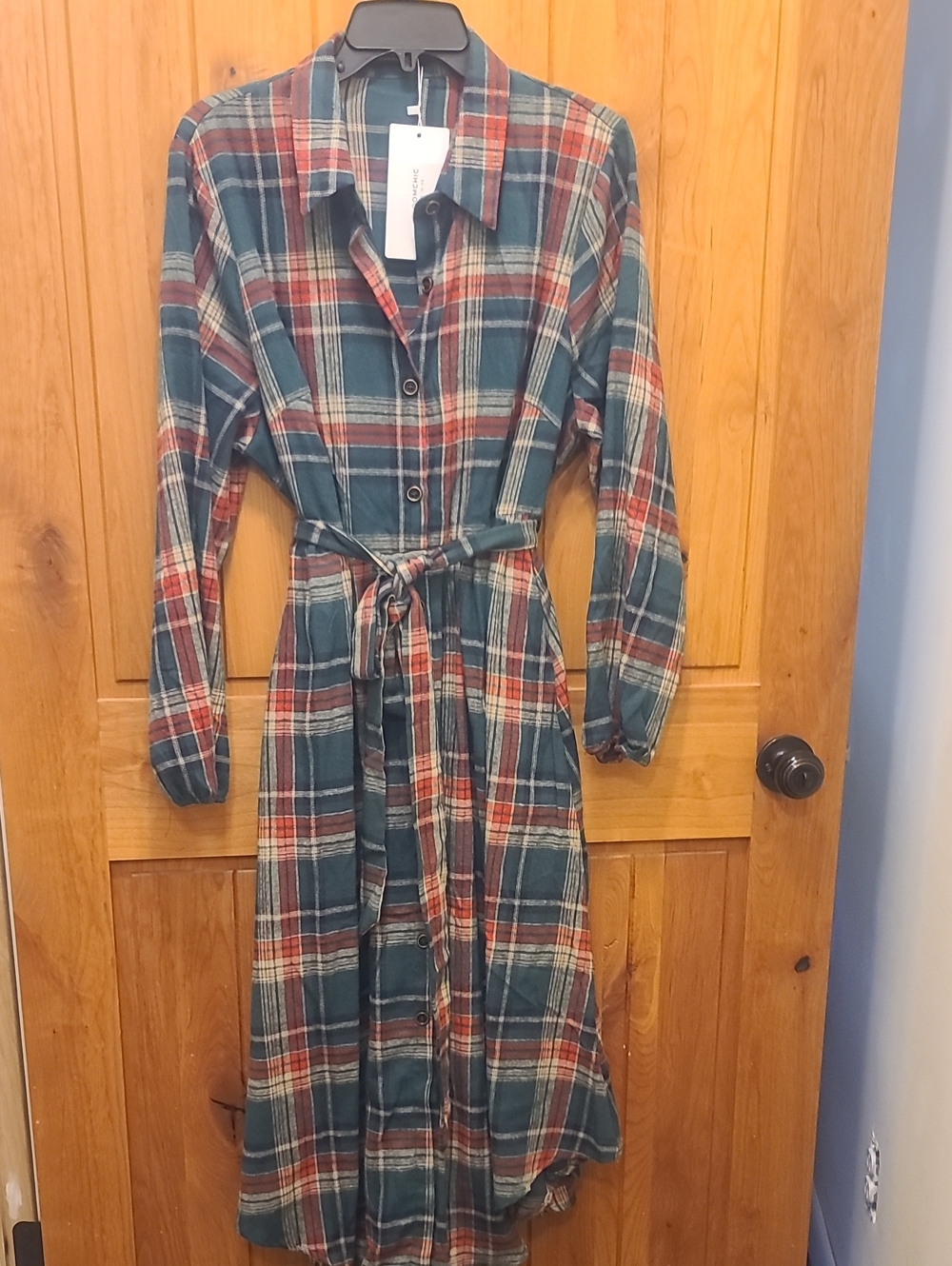 BloomChic Plaid Button-Front Long Sleeve Dress - Teal & Rust